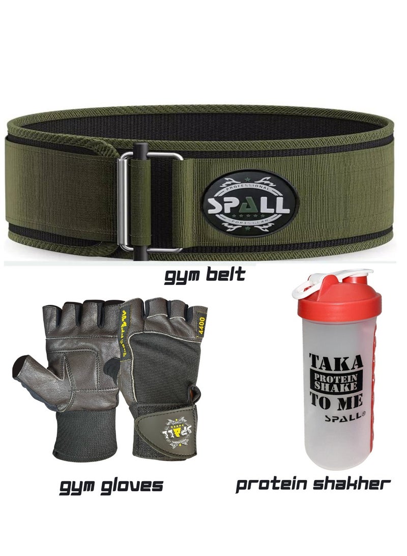 Fitness Combo off Weightlifting Gym Belt, with Professional Gym Gloves & Protein Shaker Bottle Pill Holder
