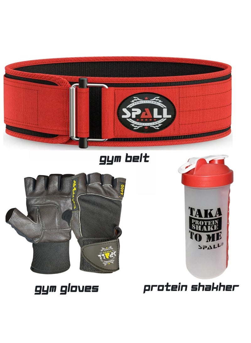 Fitness Combo off Weightlifting Gym Belt, with Professional Gym Gloves & Protein Shaker Bottle Pill Holder