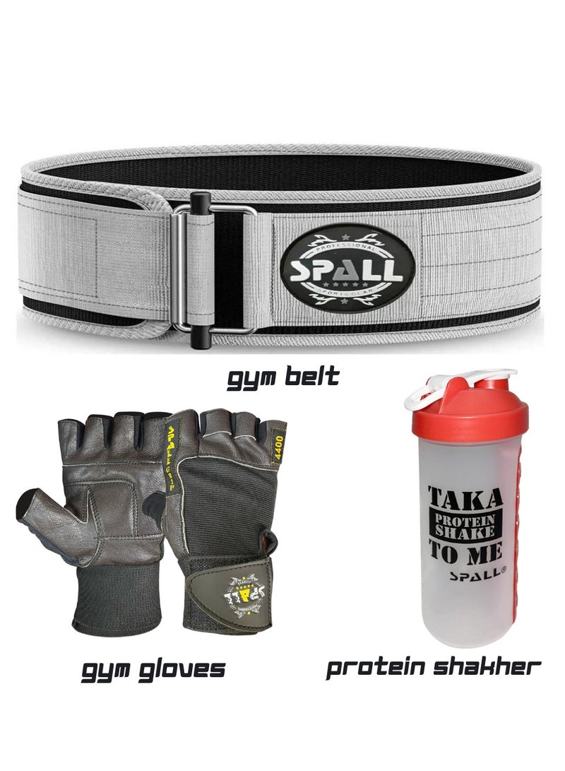 Fitness Combo off Weightlifting Gym Belt, with Professional Gym Gloves & Protein Shaker Bottle Pill Holder