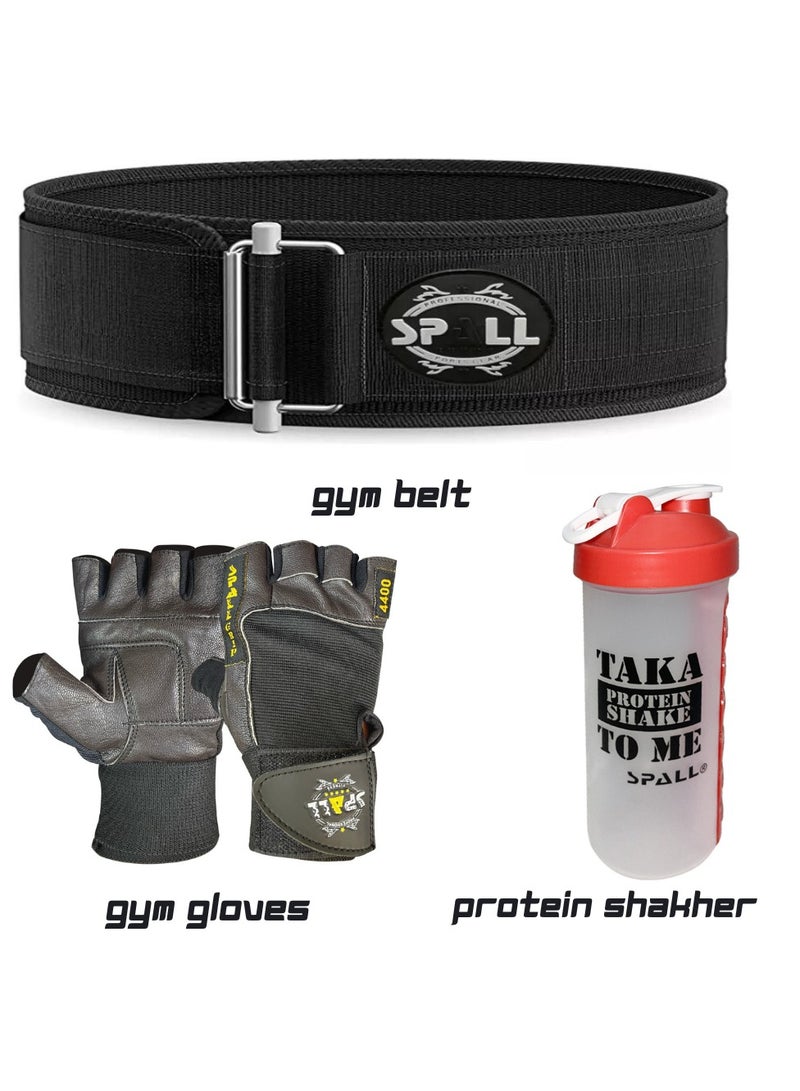 Fitness Combo off Weightlifting Gym Belt, with Professional Gym Gloves & Protein Shaker Bottle Pill Holder