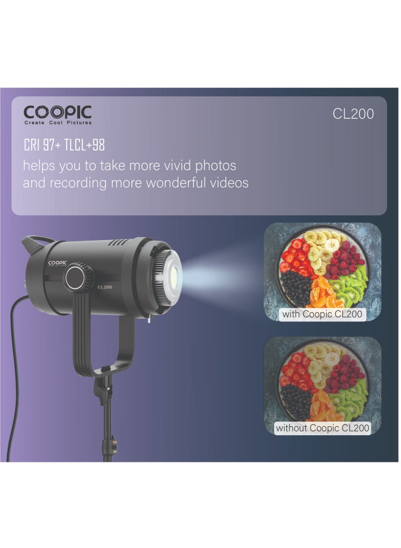 COOPIC CL-200 Adjustable LED Video light 200W, 2.4g remote control, white from 3200k or 5600k,CRI>97 TLCI>98, Daylight Balanced Video Light for Video Recording, Photography, Outdoor Shooting, etc