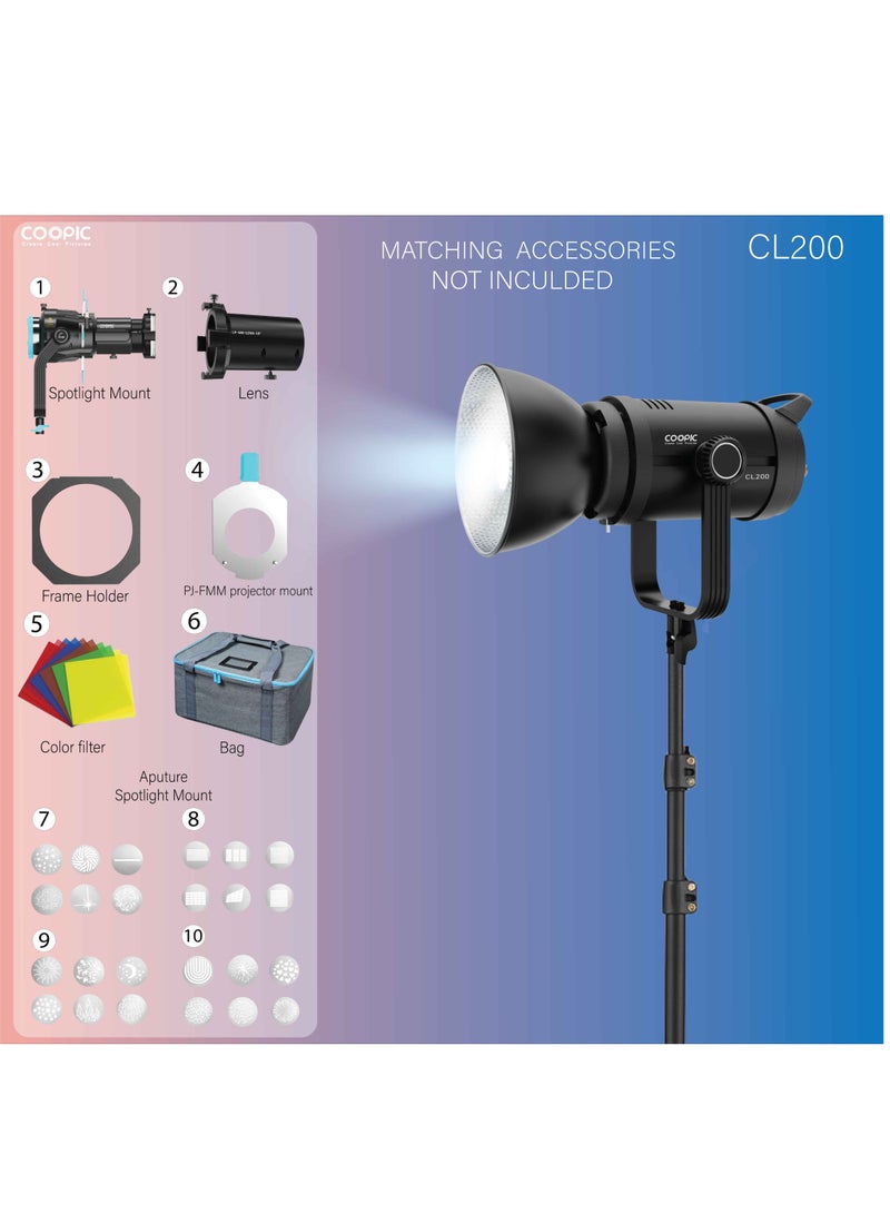 COOPIC CL-200 Adjustable LED Video light 200W, 2.4g remote control, white from 3200k or 5600k,CRI>97 TLCI>98, Daylight Balanced Video Light for Video Recording, Photography, Outdoor Shooting, etc