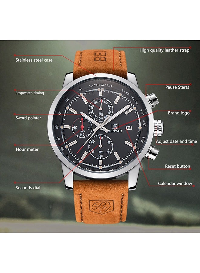 BENYAR men's watch quartz movement watch waterproof men's watch multi-function chronograph dial date display business leisure watch