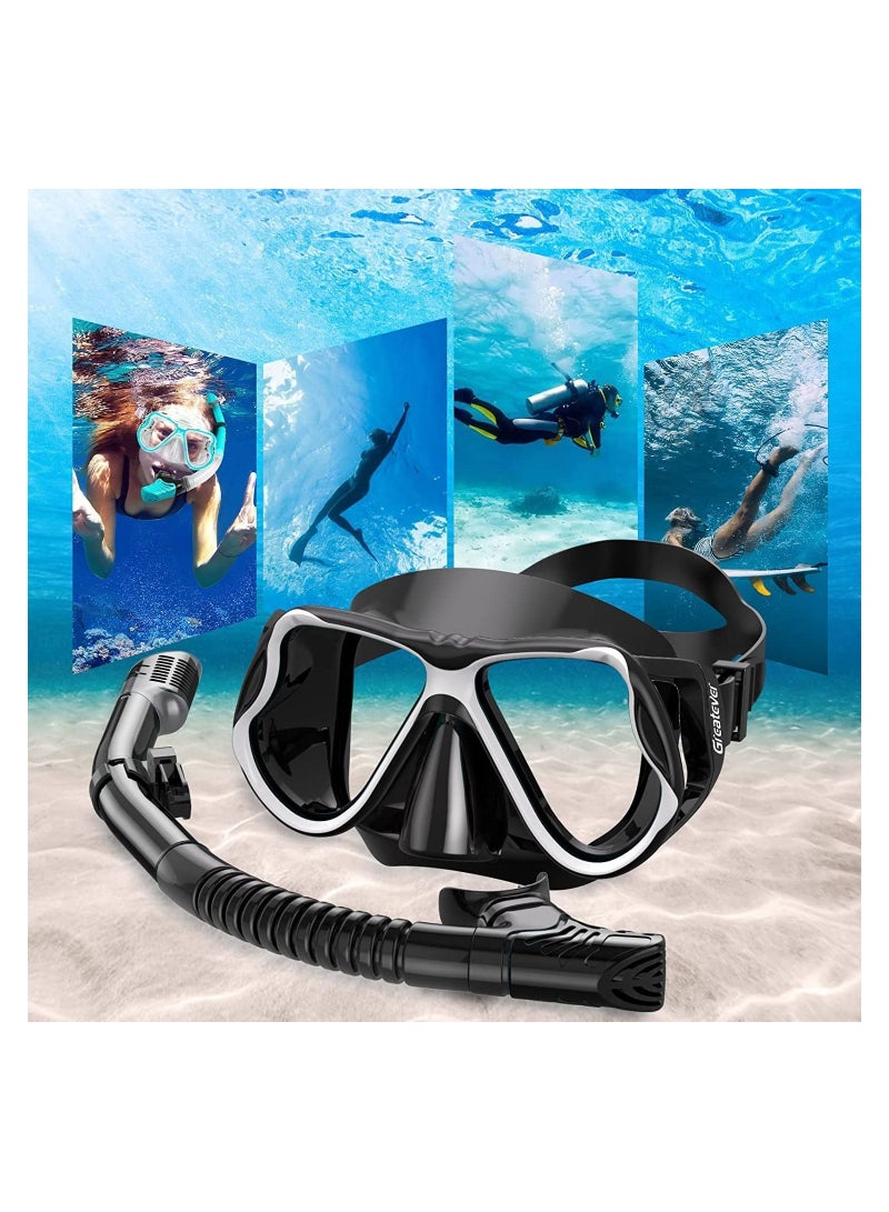 Dry Snorkel Set - Anti-Fog Scuba Diving Mask, Panoramic Wide View Snorkel Mask, Free Breathing and Easy Adjustable Strap Scuba Mask, Professional Snorkeling Gear for Adults