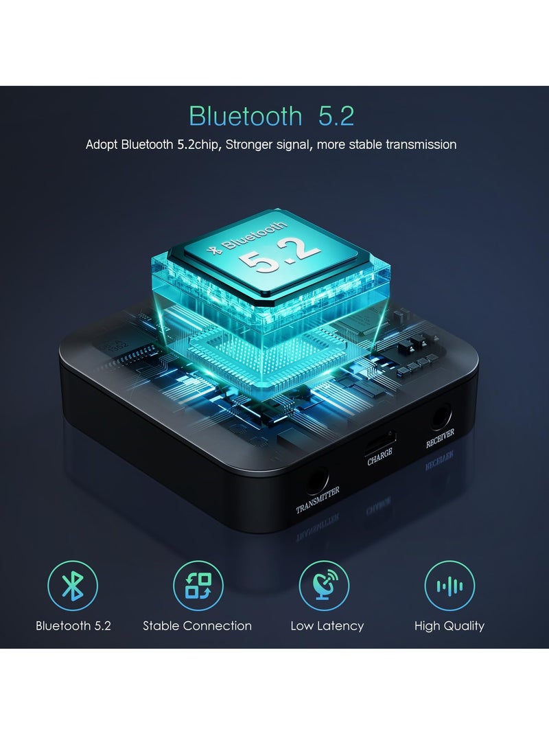 Bluetooth 5.2 Transmitter Receiver for TV with AUX 3.5 Lower Latency with Qualcomm CSR Chip Hi-Fi Sound Wide Compatibility Supports all APT encoding systems APTX Adaptive Audio Adapter for TV