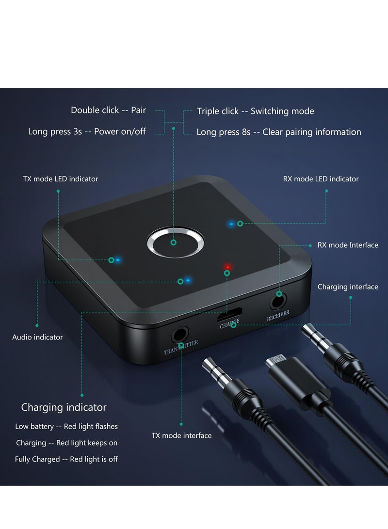 Bluetooth 5.2 Transmitter Receiver for TV with AUX 3.5 Lower Latency with Qualcomm CSR Chip Hi-Fi Sound Wide Compatibility Supports all APT encoding systems APTX Adaptive Audio Adapter for TV