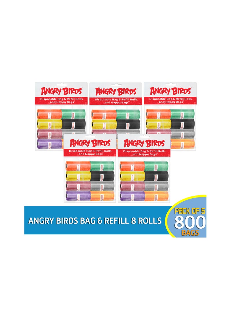 Angry Bird Bag and Refill 8 Rolls Pack of 5 800 Bags, Baby Nappy bag, Pet waste bag, Scented Diaper bag, Trash bag, Garbage bag, Colorful Plastic bag, sacks