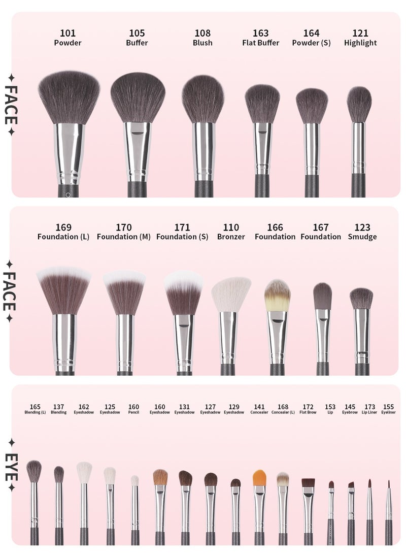 Professional Makeup Brush Set 29Pcs Makeup Brushes Premium Goat Synthetic Fiber Foundation Face Powder Blush Concealer Eyeshadows Make Up Brushes with PU Leather Case