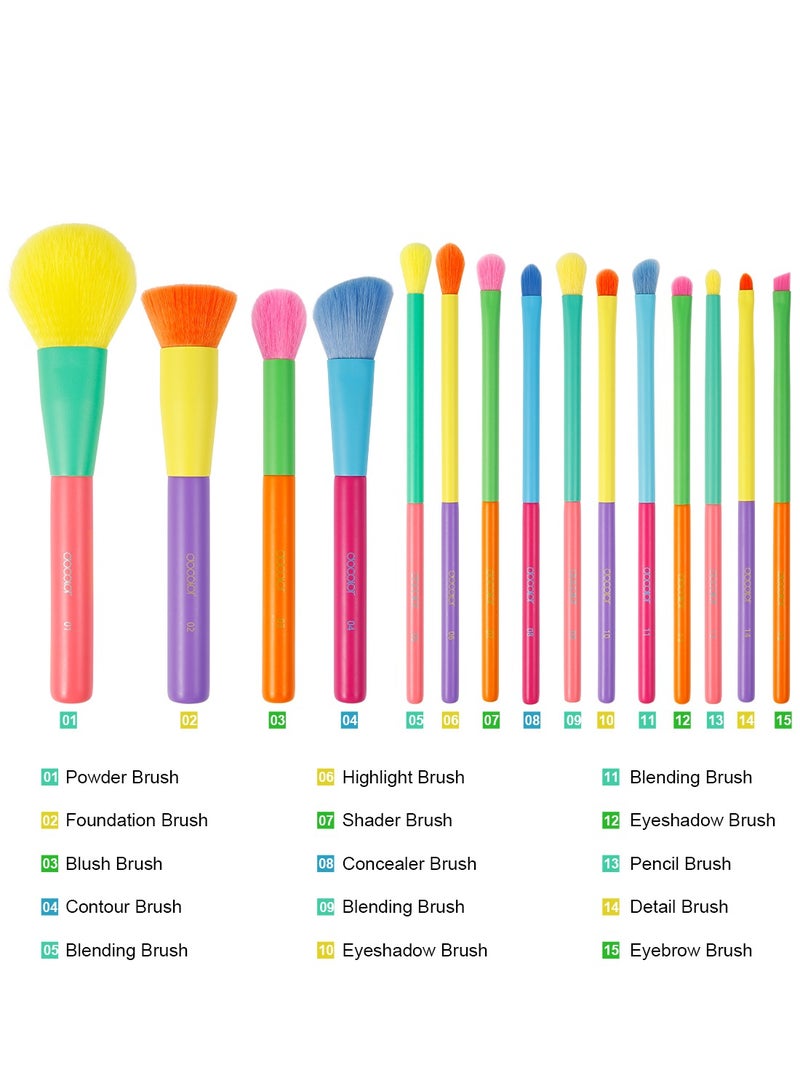 Makeup Brushes 15Pcs Colourful Makeup Brush Set Premium Gift Synthetic Face Powder Kabuki Foundation Contour Blush Concealers Eye Shadow Blending Make Up Brush Kit - Dream of Color