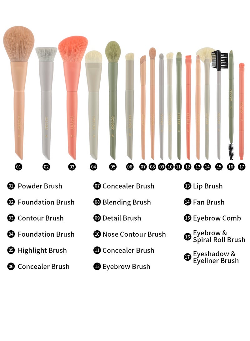 Makeup Brushes Set 17Pcs Morandi Makeup Brushes with Makeup Bag and Makeup Sponge and Brush Protector Professional Face Powder Foundation Eye Shadow Concealers Brush Kit Gift Box