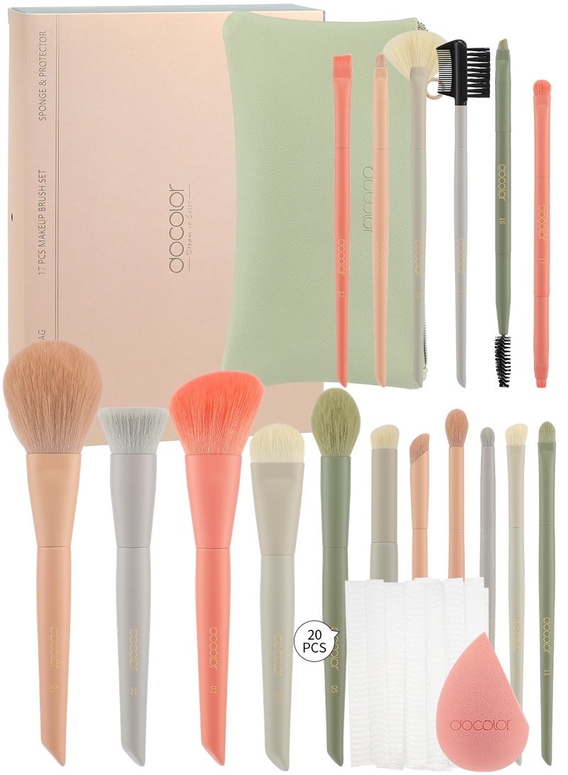 Makeup Brushes Set 17Pcs Morandi Makeup Brushes with Makeup Bag and Makeup Sponge and Brush Protector Professional Face Powder Foundation Eye Shadow Concealers Brush Kit Gift Box