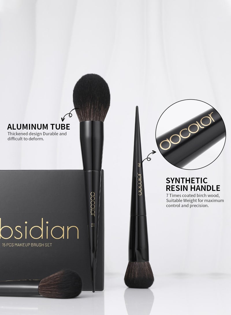 Makeup Brushes 15Pcs Obsidian Makeup Brush Set Premium Synthetic Powder Kabuki Foundation Contour Blush Concealer Eye Shadow Blending Eyeliner Crease Eyebrow Make Up Brush Kit