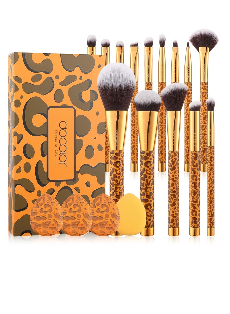 Makeup Brushes 14Pcs Leopard Makeup Brush Set with 4pcs Makeup Puffs Premium Synthetic Powder Foundation Contour Blush Concealer Eye Shadow Blending Make Up Brush Kit