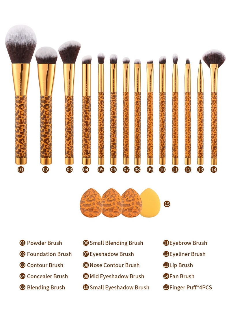 Makeup Brushes 14Pcs Leopard Makeup Brush Set with 4pcs Makeup Puffs Premium Synthetic Powder Foundation Contour Blush Concealer Eye Shadow Blending Make Up Brush Kit