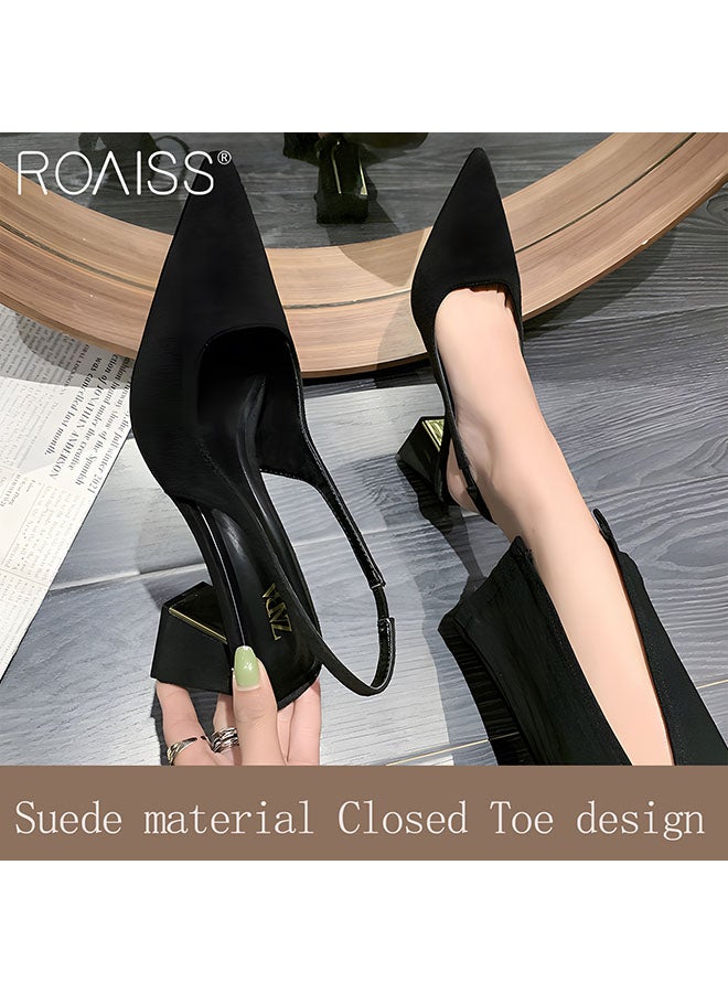 Women's Pointed Thick Heeled Sandals Closed Toe Ankle Strap Frosted Texture Fashionable High Heels