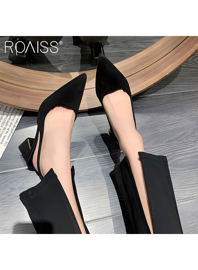 Women's Pointed Thick Heeled Sandals Closed Toe Ankle Strap Frosted Texture Fashionable High Heels