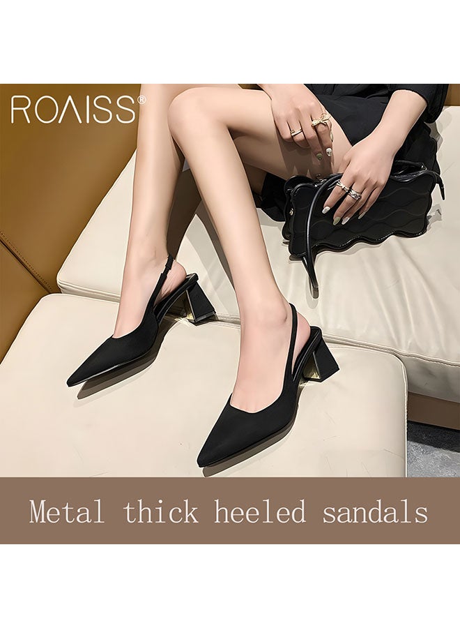 Women's Pointed Thick Heeled Sandals Closed Toe Ankle Strap Frosted Texture Fashionable High Heels