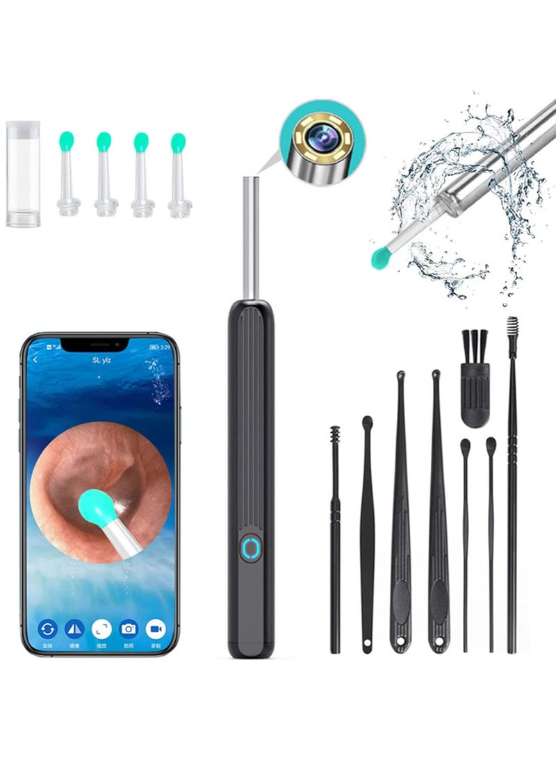 Ear Wax Removal with Light, Wax Earwax Remover Tool with 8 Pcs Ear Pick Set, Soft Silicone Ear Scoop for Ear Cleaning, Ear Cleaner Tool for iOS, Android Smartphones (Black)