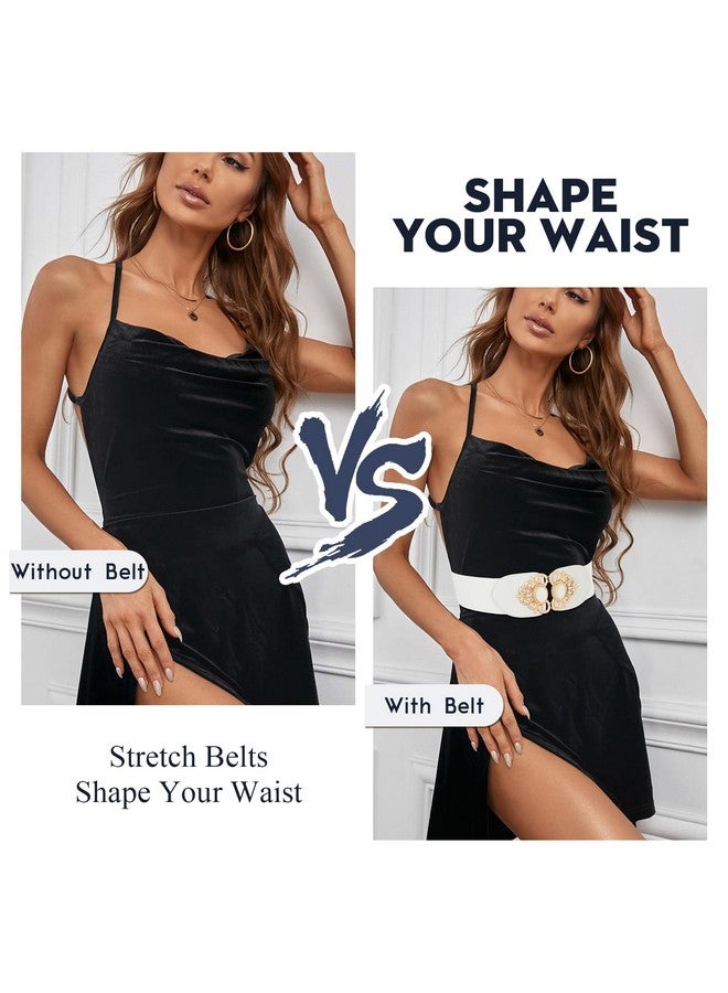 Women'S Elastic Wide Belts Vintage White Stretchy Belt Retro Fashion Stretch Cinch Belts For Dresses(Pack Of 2)