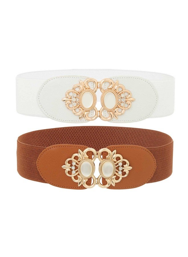 Women'S Elastic Wide Belts Vintage White Stretchy Belt Retro Fashion Stretch Cinch Belts For Dresses(Pack Of 2)