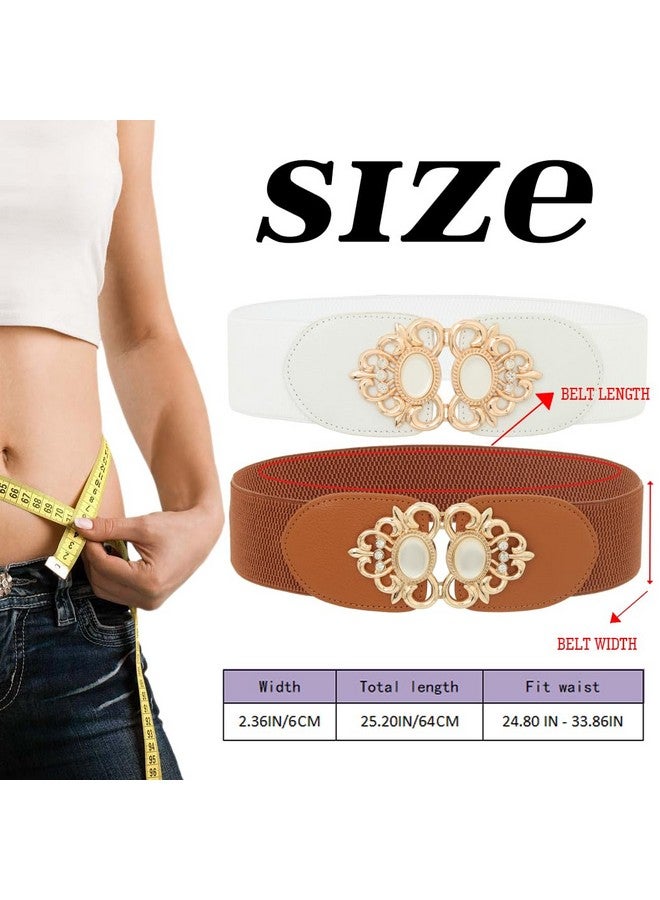 Women'S Elastic Wide Belts Vintage White Stretchy Belt Retro Fashion Stretch Cinch Belts For Dresses(Pack Of 2)