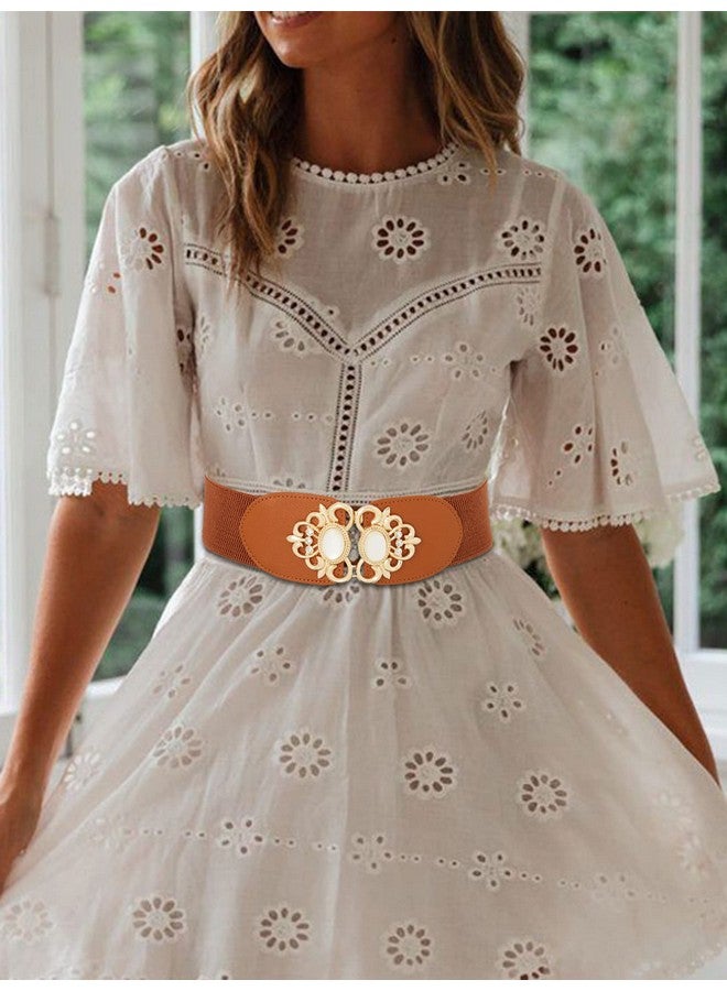 Women'S Elastic Wide Belts Vintage White Stretchy Belt Retro Fashion Stretch Cinch Belts For Dresses(Pack Of 2)