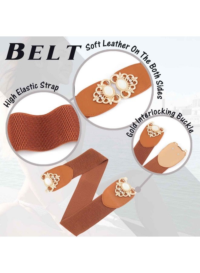 Women'S Elastic Wide Belts Vintage White Stretchy Belt Retro Fashion Stretch Cinch Belts For Dresses(Pack Of 2)