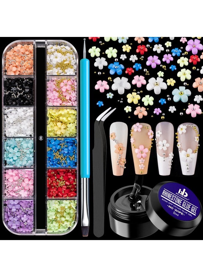 3D Flowers For Nails Art Colorful Charms Set 1 With Caviar Beads Blossom Rhinestones Crystal Kit Pearls Acrylic Studs Diy Design Manicure Accessories For Women Girls Decoration