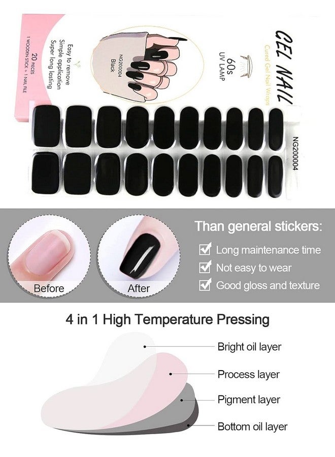 20Pcs Cured Gel Nail Polish Strips Ebanku Black Adhesive Full Wrap Gel Nail Art Sticker Waterproof Gel Nail Wrap Stickers With Nail File And Stick（Uv/Led Lamp Required）