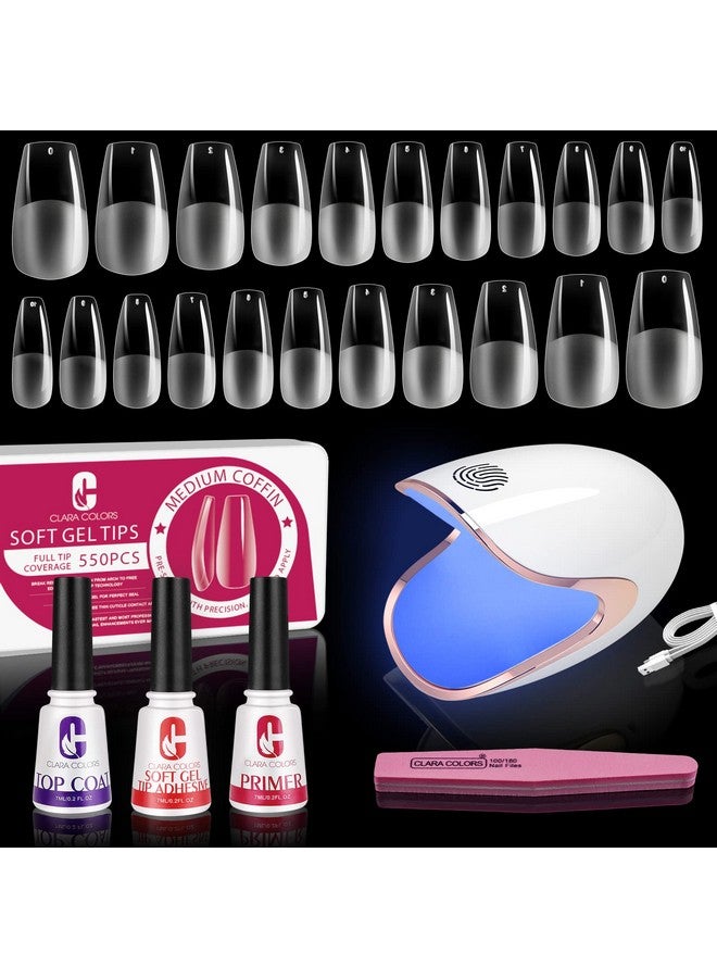 Nail Tips And Glue Gel Kit Gel X Nail Kit 550Pcs Soft Gel Nail Tips Half Matte Medium Coffin Shape With Mini Led Nail Lamptop Coat And Primerdiy Nail Art Fast Nail Extension Set