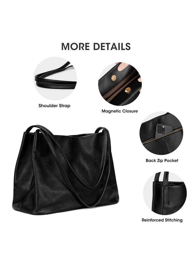 Soft Genuine Leather Tote Bags For Women Casual Shoulder Hobo Purses And Handbags With Top Magnetic Snap Closure (Black)