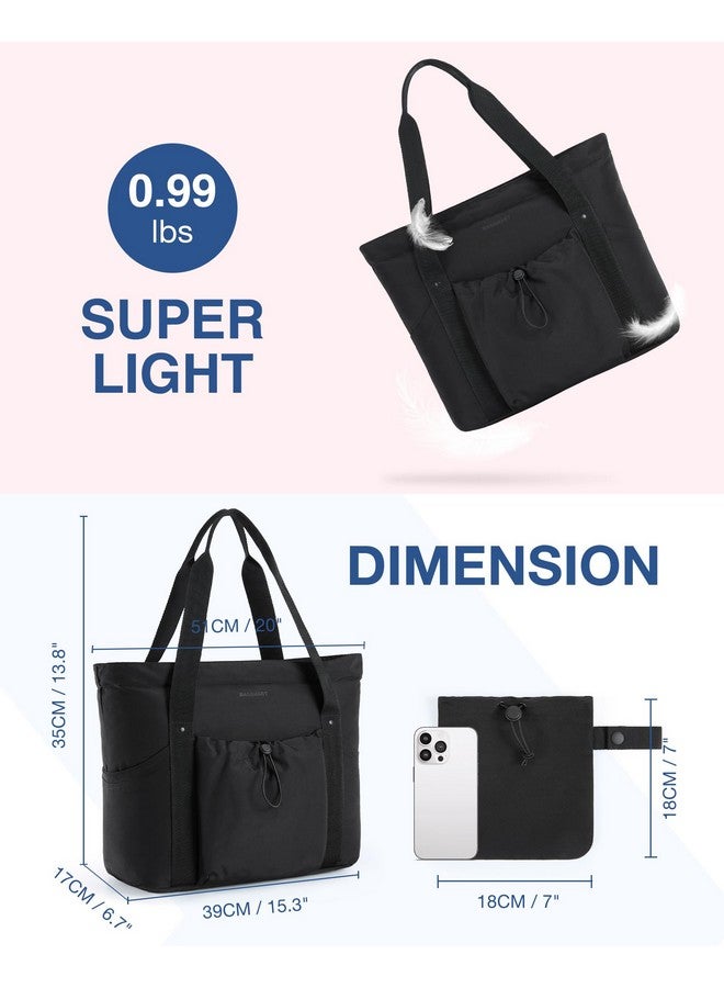 Women Foldable Tote Bag With Drawstring Storage Bag Large Tote Bag Shoulder Bag Top Handle Handbag For Travel Work Beach Gym Shop (Black)