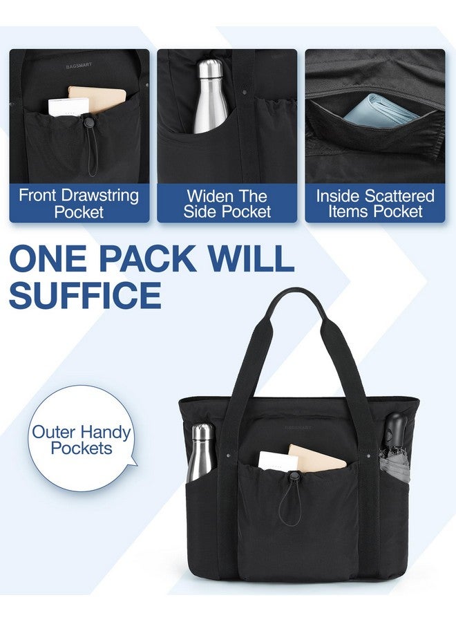 Women Foldable Tote Bag With Drawstring Storage Bag Large Tote Bag Shoulder Bag Top Handle Handbag For Travel Work Beach Gym Shop (Black)