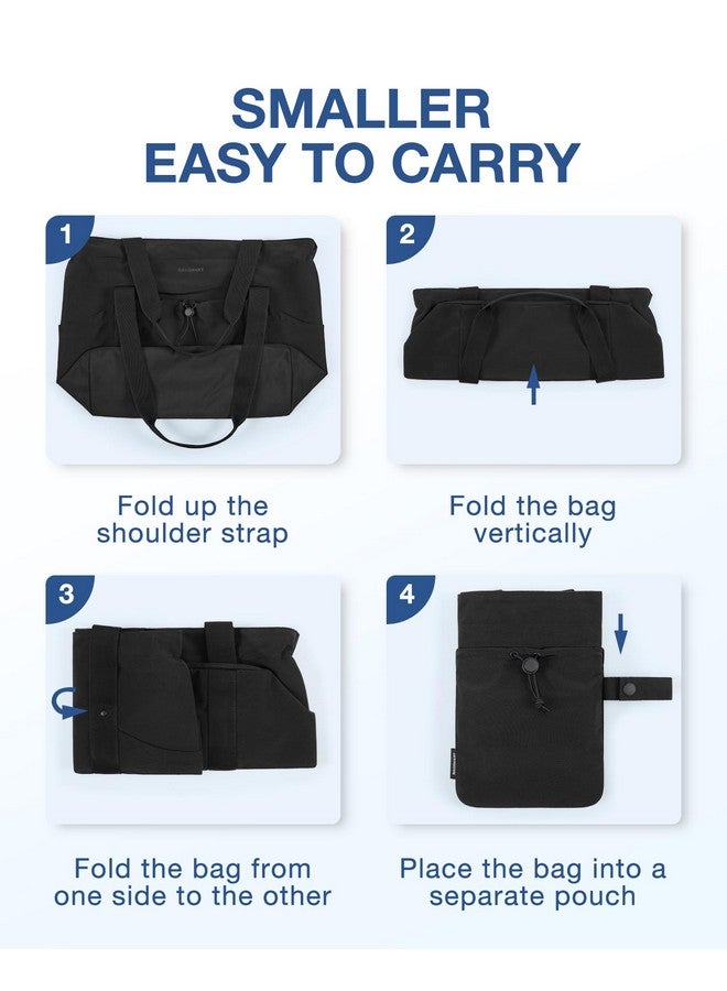 Women Foldable Tote Bag With Drawstring Storage Bag Large Tote Bag Shoulder Bag Top Handle Handbag For Travel Work Beach Gym Shop (Black)