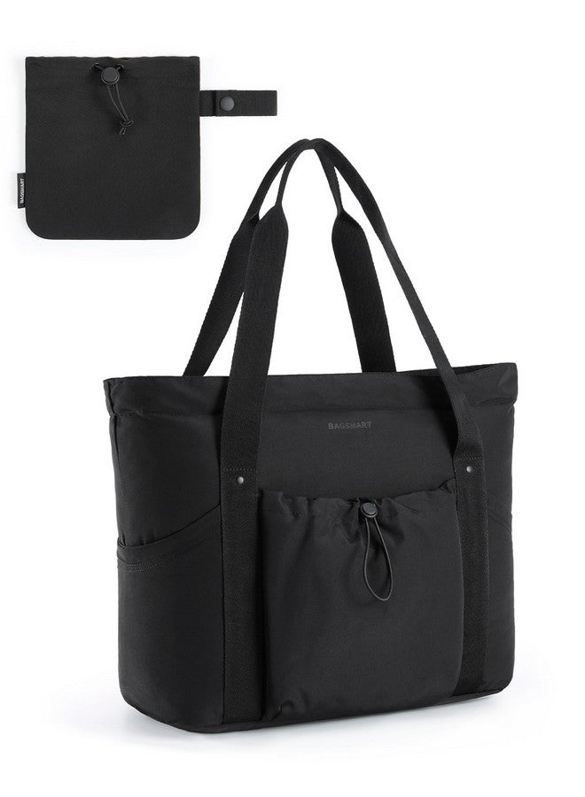Women Foldable Tote Bag With Drawstring Storage Bag Large Tote Bag Shoulder Bag Top Handle Handbag For Travel Work Beach Gym Shop (Black)