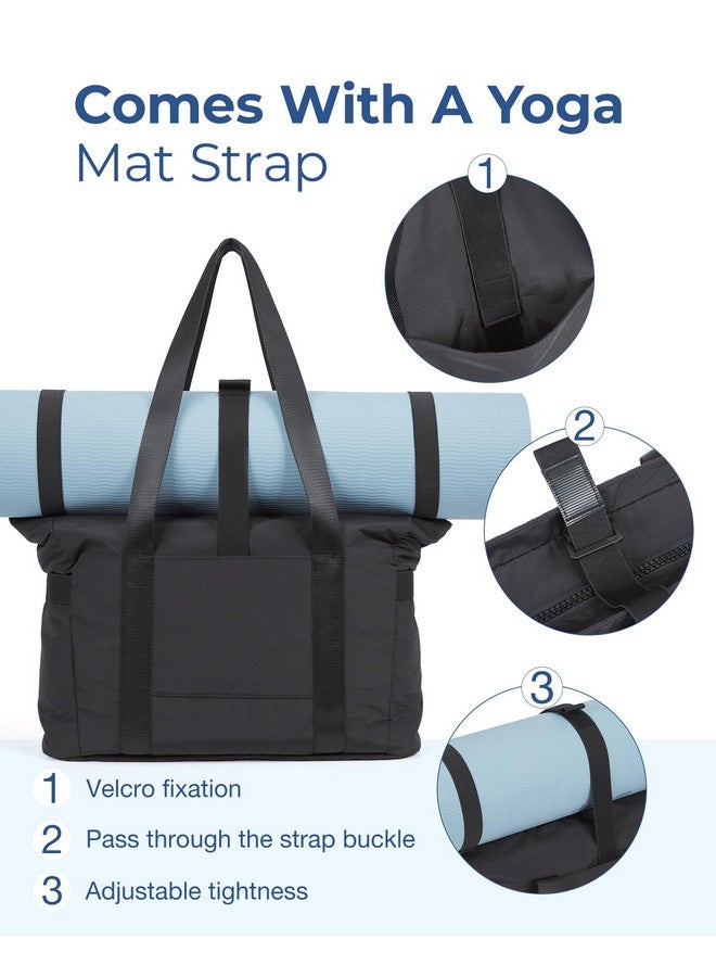 Tote Bag For Women Lightweight Large Tote Bag With Compartments And Yoga Mat Strap Quilted Shoulder Bag Handbag For Travel Work Gym Black