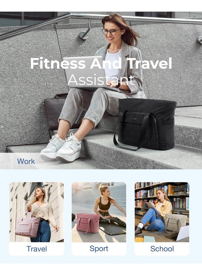 Tote Bag For Women Lightweight Large Tote Bag With Compartments And Yoga Mat Strap Quilted Shoulder Bag Handbag For Travel Work Gym Black