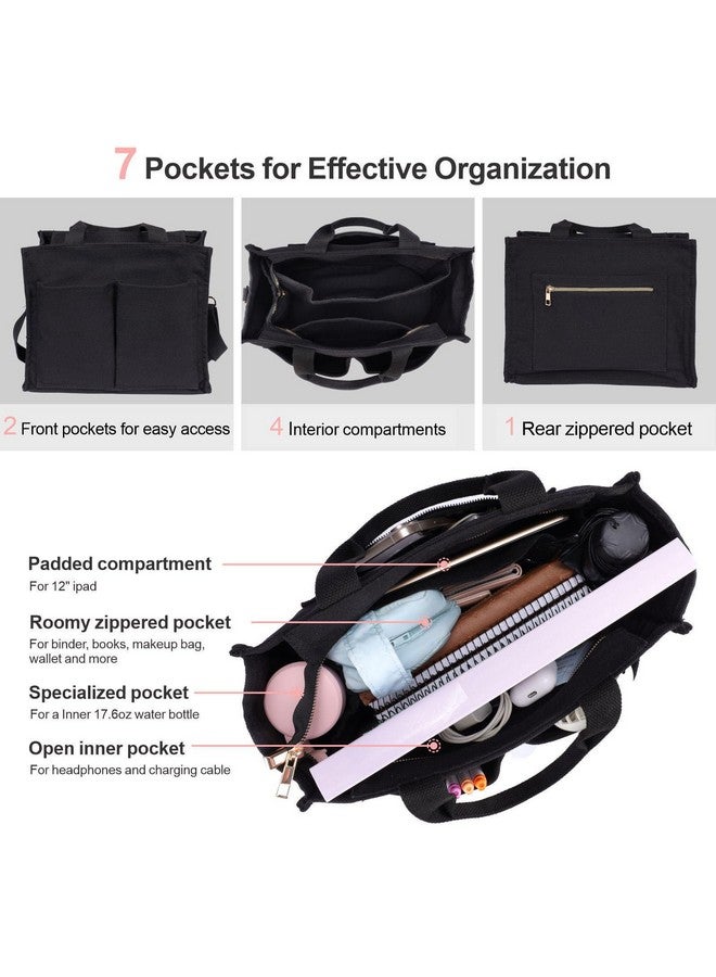 Canvas Tote Bag For Women With Compartment Everything Tote Bag With 7 Pockets Crossbody Tote Bag With Zipper For Work Travel Bag Medium Black