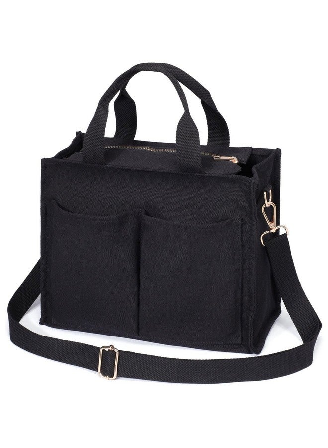 Canvas Tote Bag For Women With Compartment Everything Tote Bag With 7 Pockets Crossbody Tote Bag With Zipper For Work Travel Bag Medium Black