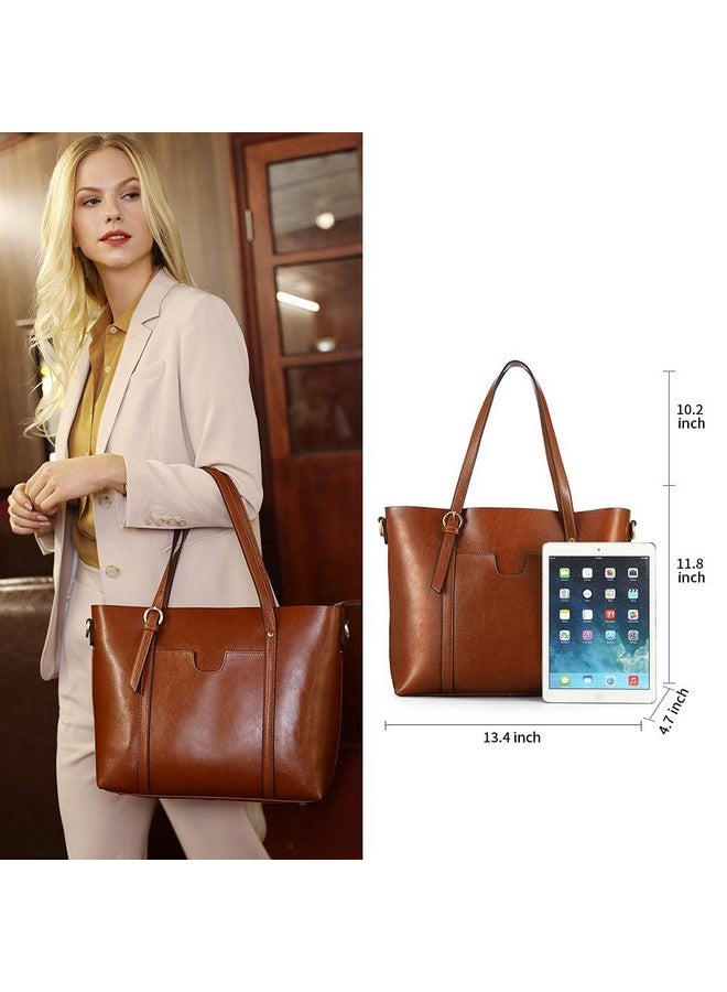 Genuine Leather Women Tote Bag Soft Handbags Vintage Shoulder Purses Fashion Top Handle Bag Large Capacity (Dark Brown)