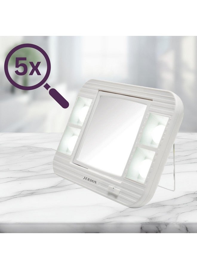 Twosided Makeup Mirror With Lights Vanity Mirror With 5X Magnification & Two Setting Glarefree Lighting White Base Model J1015