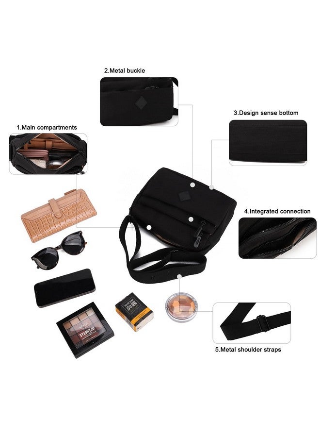 Small Crossbody Bags For Women Shoulder Purses Nylon Cross Body Bag Multi Pocket Purse For Ladies Tote Handbags Black