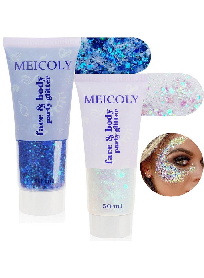 2Pcs Face Body Glittersinger Concerts Festival Rave Accessoriesmermaid Face Glitter Gelsparkling Sequins Glitter Face Paintholographic Chunky Glitter For Eye Lip Hair100Mlwhite+Blue