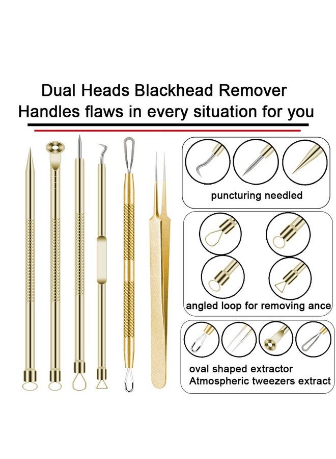 Pimple Popper Tool Kit 6 Pcs Blackhead Remover Acne Needle Tools Set Removing Treatment Comedone Whitehead Popping Zit For Nose Face Skin Blemish Extractor Tool Gold