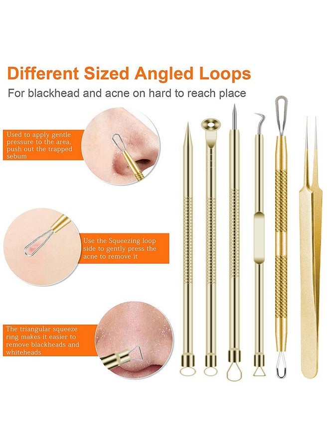 Pimple Popper Tool Kit 6 Pcs Blackhead Remover Acne Needle Tools Set Removing Treatment Comedone Whitehead Popping Zit For Nose Face Skin Blemish Extractor Tool Gold