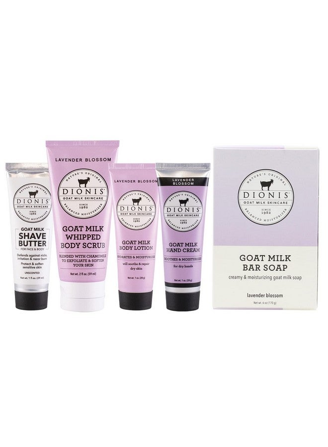 Goat Milk Skincare Lavender Blossom 6 Pc Self Care Essentials Travel Set Bar Soap Shave Butter Hand Cream Body Lotion & Whipped Sugar Body Scrub In Resealable Leak Resistant Carrying Case