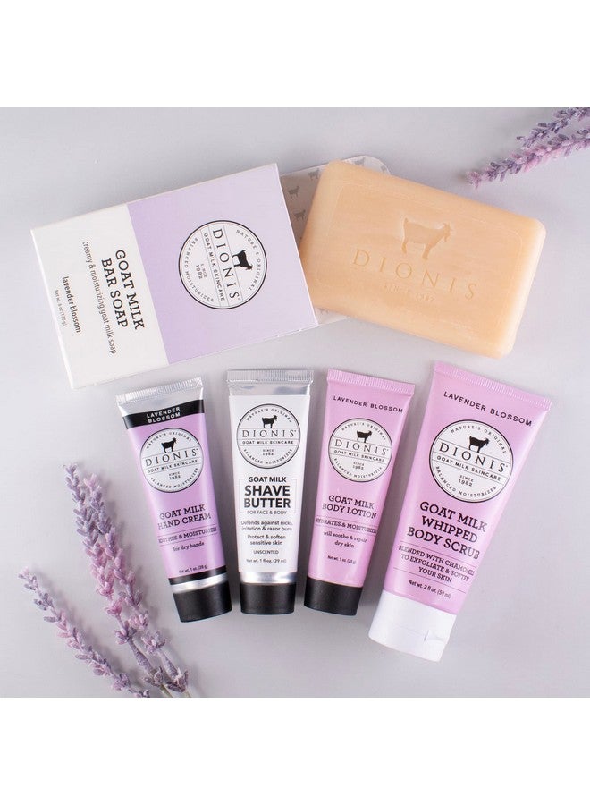 Goat Milk Skincare Lavender Blossom 6 Pc Self Care Essentials Travel Set Bar Soap Shave Butter Hand Cream Body Lotion & Whipped Sugar Body Scrub In Resealable Leak Resistant Carrying Case