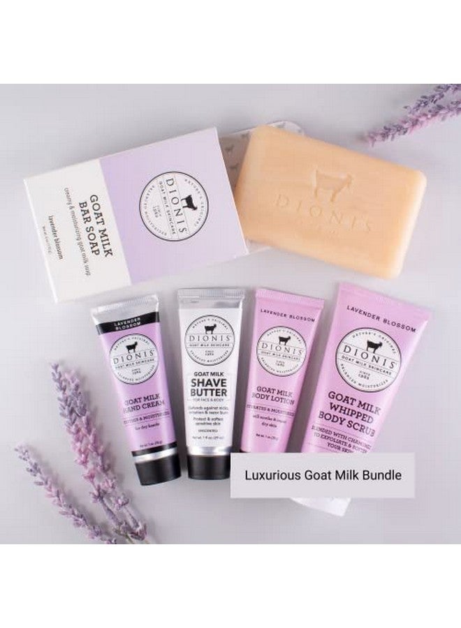 Goat Milk Skincare Lavender Blossom 6 Pc Self Care Essentials Travel Set Bar Soap Shave Butter Hand Cream Body Lotion & Whipped Sugar Body Scrub In Resealable Leak Resistant Carrying Case