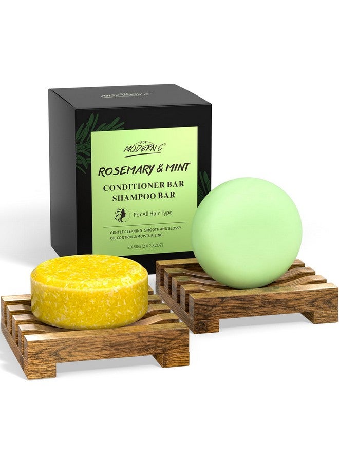 Rosemary Shampoo And Conditioner Bar Set For Hair Growth Solid Shampoo Conditioner Soap For Straight Curly Oily Dry Hair Moisturizing Cleansing Zero Waste 2X80G Soaps 2 Wooden Holder Mother'S Day Gift