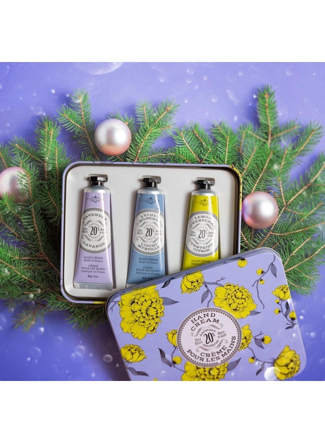 Hand Cream Trio Tin Mothers Day Gift Set Natural Hand Lotion Made In France With 20% Organic Shea Butter Nourishing (Lavender Lychee Bilberry & Lemon Verbena) 3 X 1 Fl Oz